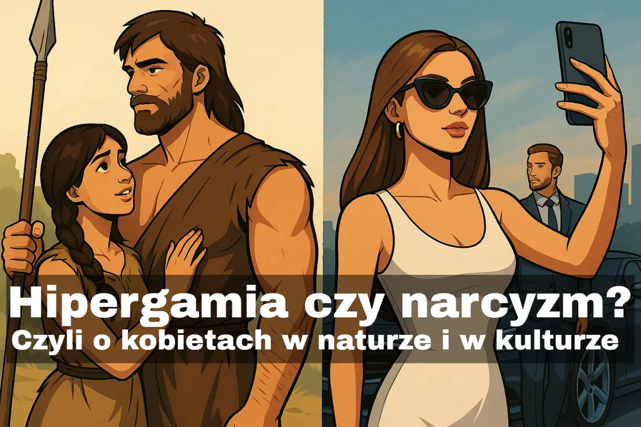 Hipergamia co to? Obraz zestawia prehistoryczną parę z nowoczesną kobietą robiącą selfie, sugerując ewolucję zachowań.
