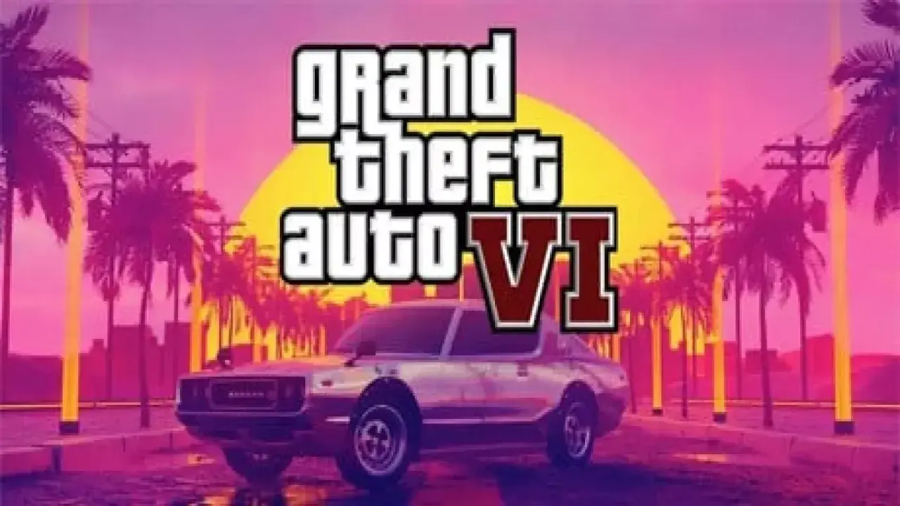 Logo di GTA 6 con un'auto d'epoca su uno sfondo tropicale al tramonto.
