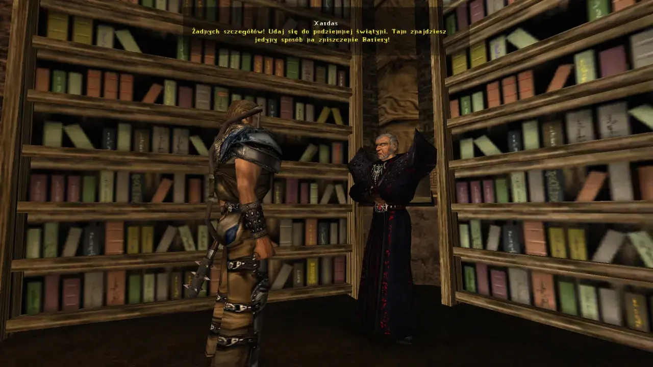 W mrocznej bibliotece, Xardas wskazuje drogę do podziemnej świątyni, gdzie czeka klucz do zniszczenia Bariery.