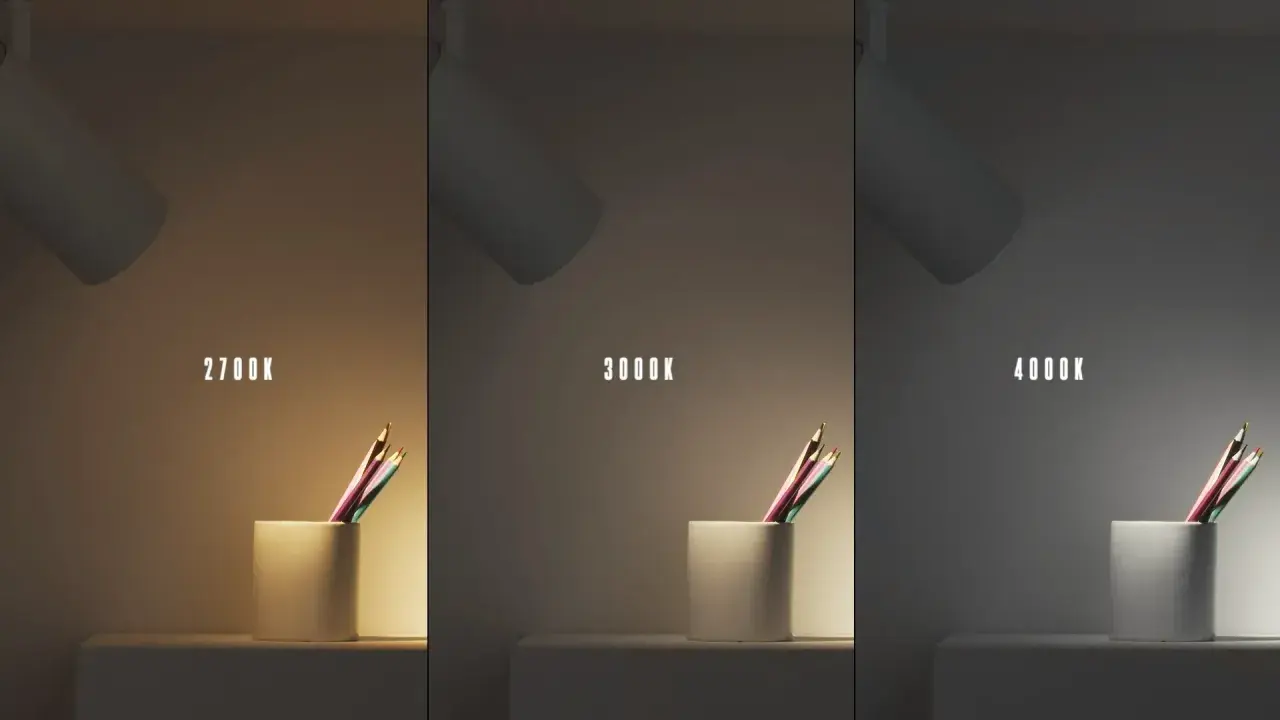 Tres imágenes de un foco de lectura iluminando lápices. La luz varía de cálida (2700K) a neutra (3000K) y fría (4000K).