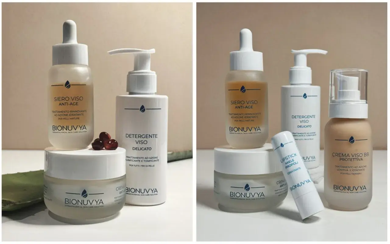 Kit beauty routine Bionuvya: siero anti-age, detergente viso delicato, crema viso BB protettiva e altri prodotti per una pelle radiosa.