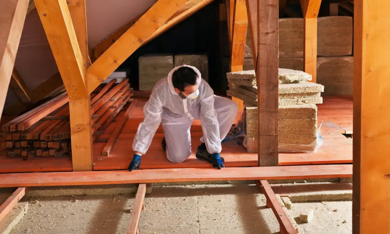 Un ouvrier en combinaison blanche installe des planches de bois pour refaire un plancher sur poutre, entouré de matériaux d'isolation.