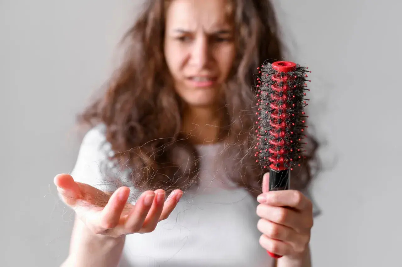 Mujer preocupada muestra mechones de pelo en su mano y un cepillo con más cabello, buscando un tratamiento para pelo que se rompe.