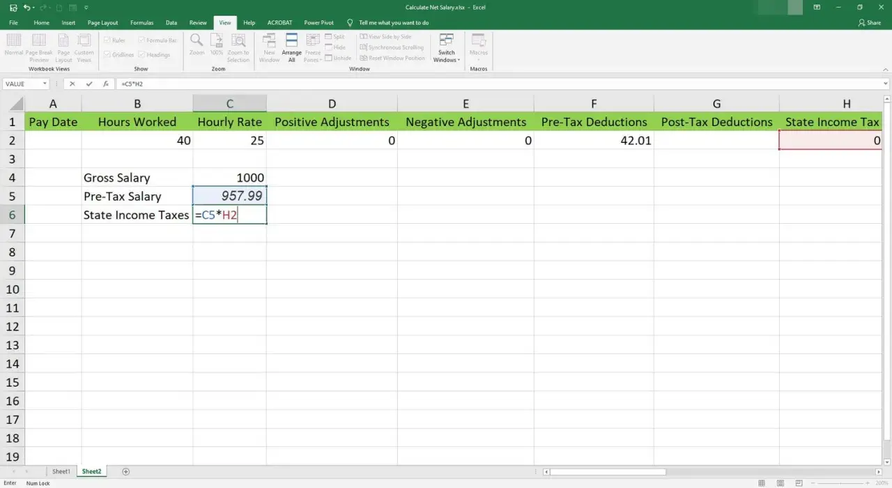 Foglio di calcolo Excel per calcolare lo stipendio netto. La colonna H mostra le imposte statali, con un valore di 0, ma la formula indica un calcolo basato su C5*H2, suggerendo un potenziale RAL 80000 netto da definire.