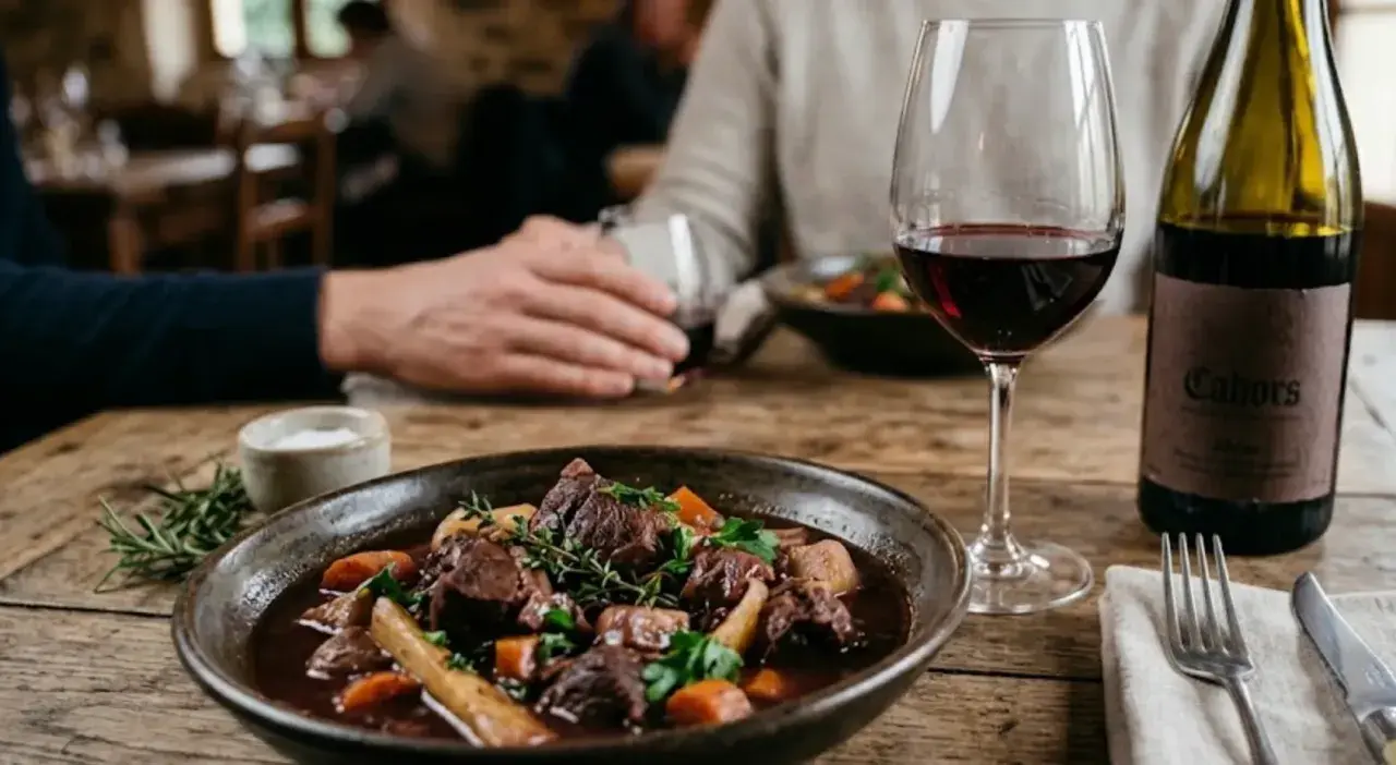 Un plat de gibier mijoté, servi avec un verre de vin rouge Cahors. Un repas réconfortant.