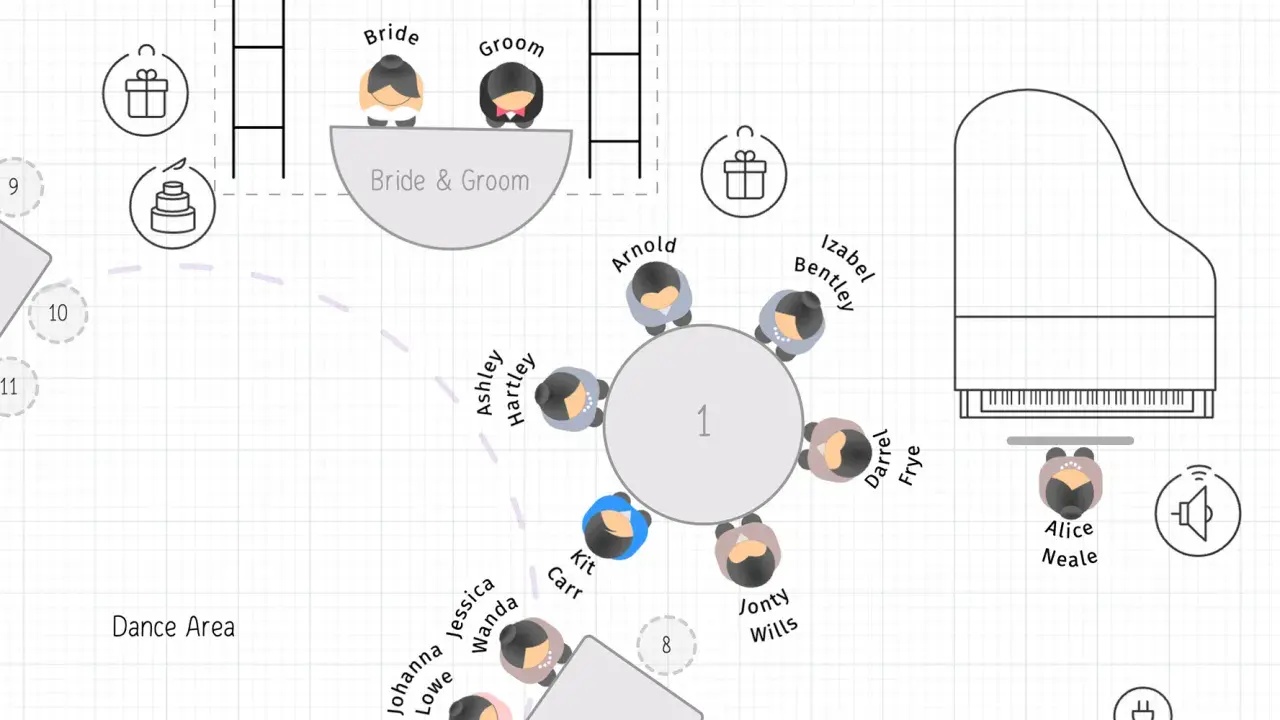 Plano de organizador mesas boda con invitados sentados en mesas circulares y rectangulares, novios, piano y área de baile.