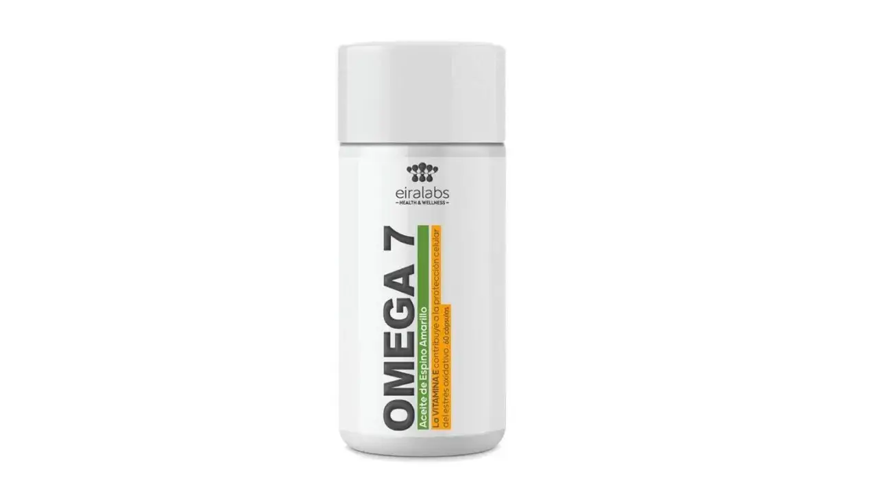 Omega 7 de Eiralabs, aceite de espino amarillo. La vitamina E contribuye a la protección celular del estrés oxidativo. 60 cápsulas.