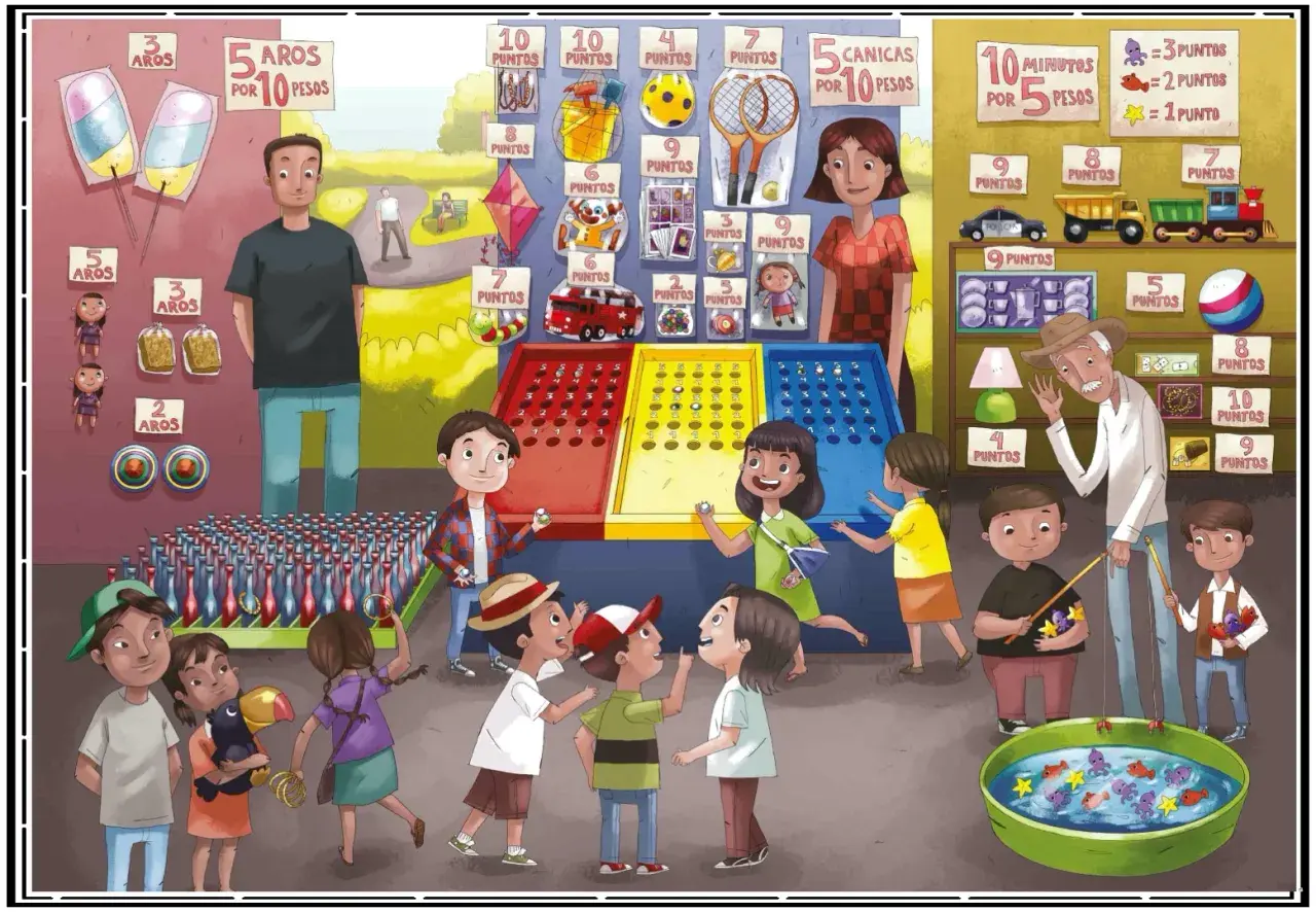 Niños jugando en una feria, practicando la expresión oral al describir los premios y juegos. ¡Hay muchas láminas de expresión oral!