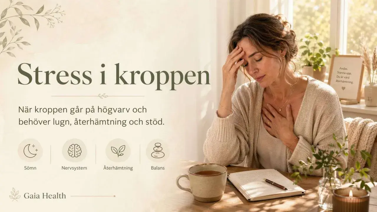 Kvinna med handen på pannan och bröstet, visar hur psykiskt påfrestande stress i kroppen kan vara. Texten uppmanar till lugn och återhämtning.