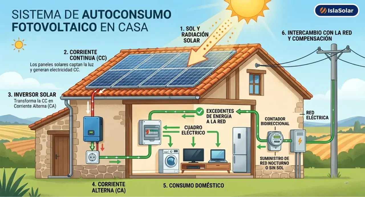 Diagrama de un sistema de autoconsumo fotovoltaico en una casa. El sol alimenta paneles solares, que generan electricidad CC. Un inversor la transforma en CA para el consumo doméstico, con intercambio a la red.