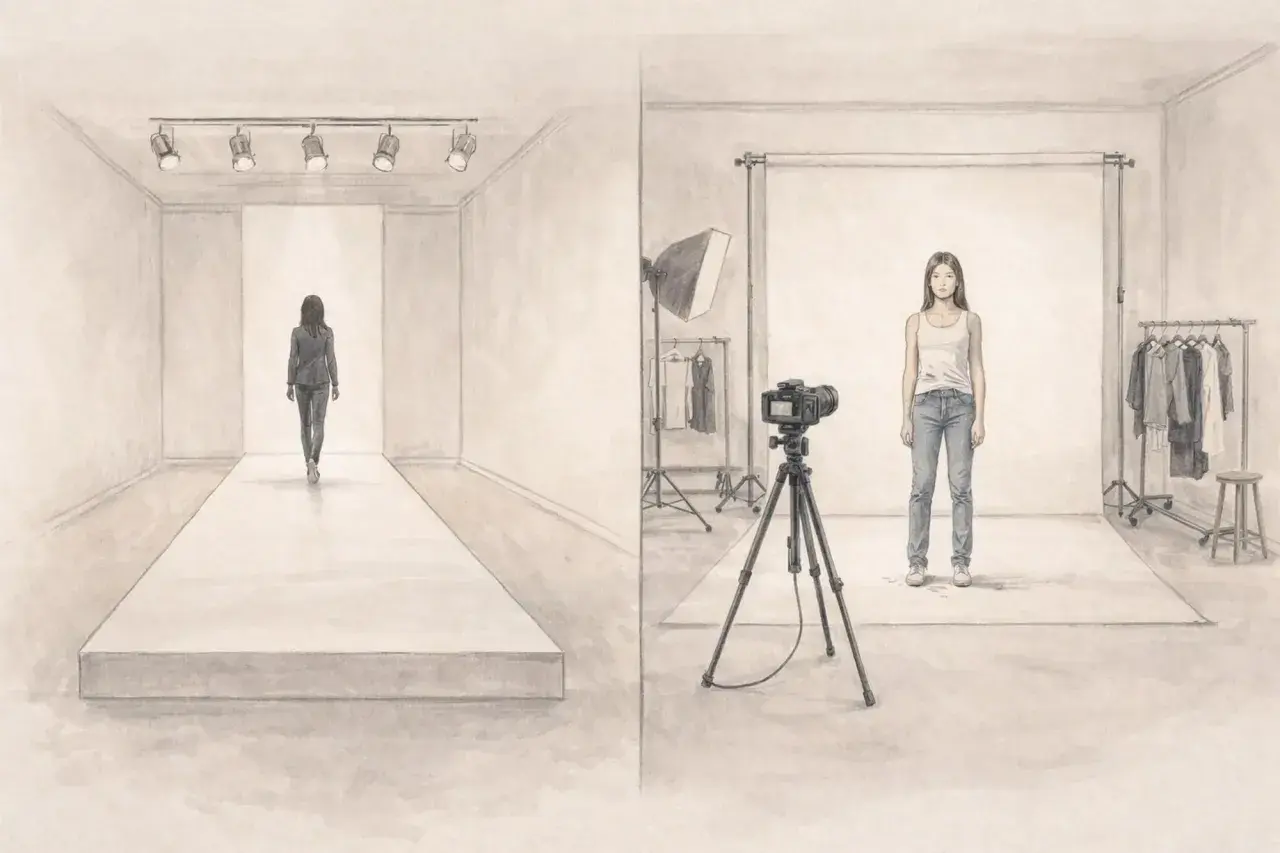 Ilustracja przedstawia scenę z wybiegu i sesji zdjęciowej z modelką.