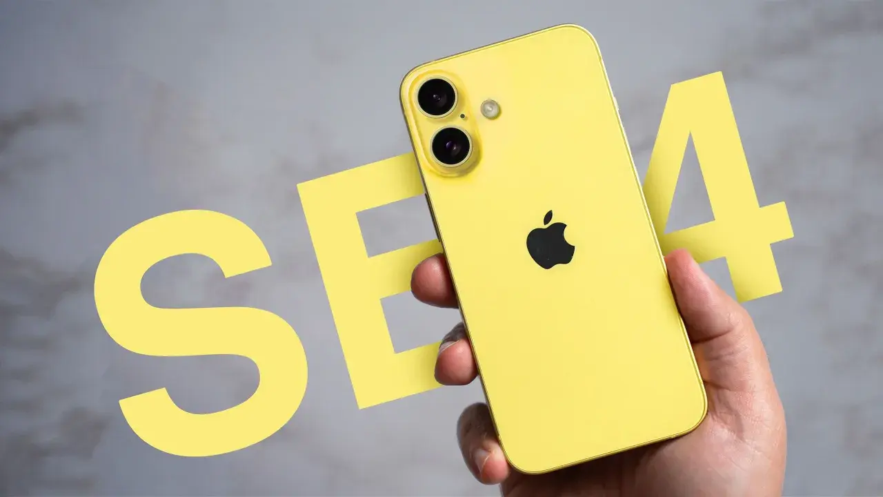 Żółty iPhone SE 4 w dłoni, obok wielkich liter "SE" i cyfry "4".