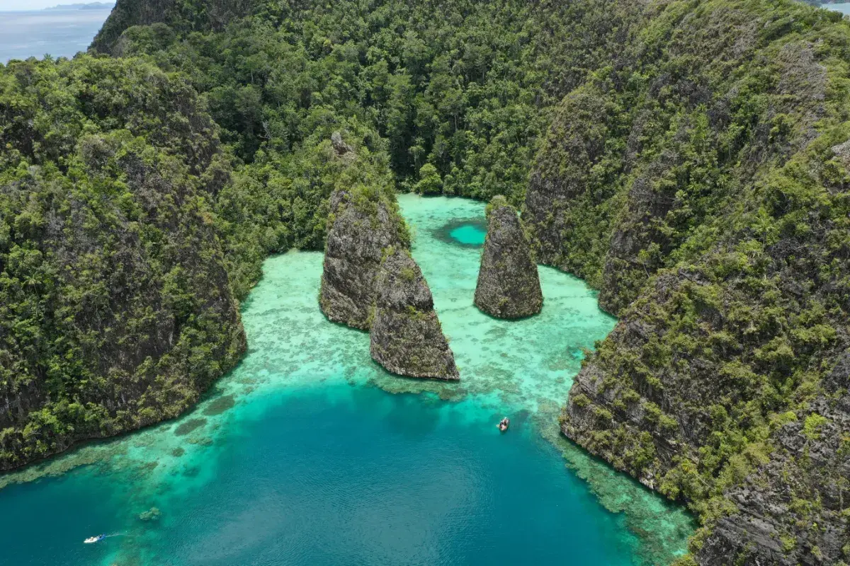 Atemberaubende Karstinseln mit üppiger Vegetation umgeben türkisfarbenes Wasser. Perfekt für die raja ampat beste reisezeit.