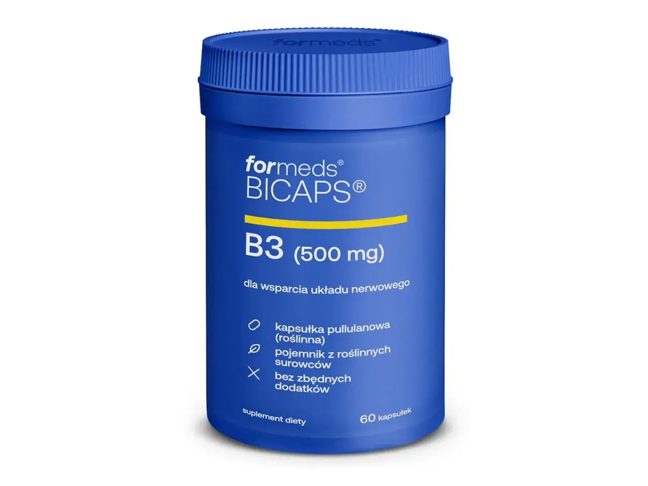 Niebieski suplement diety Formeds BICAPS B3 (500 mg) wspiera układ nerwowy. Witamina PP w kapsułkach pullulanowych, bez zbędnych dodatków.