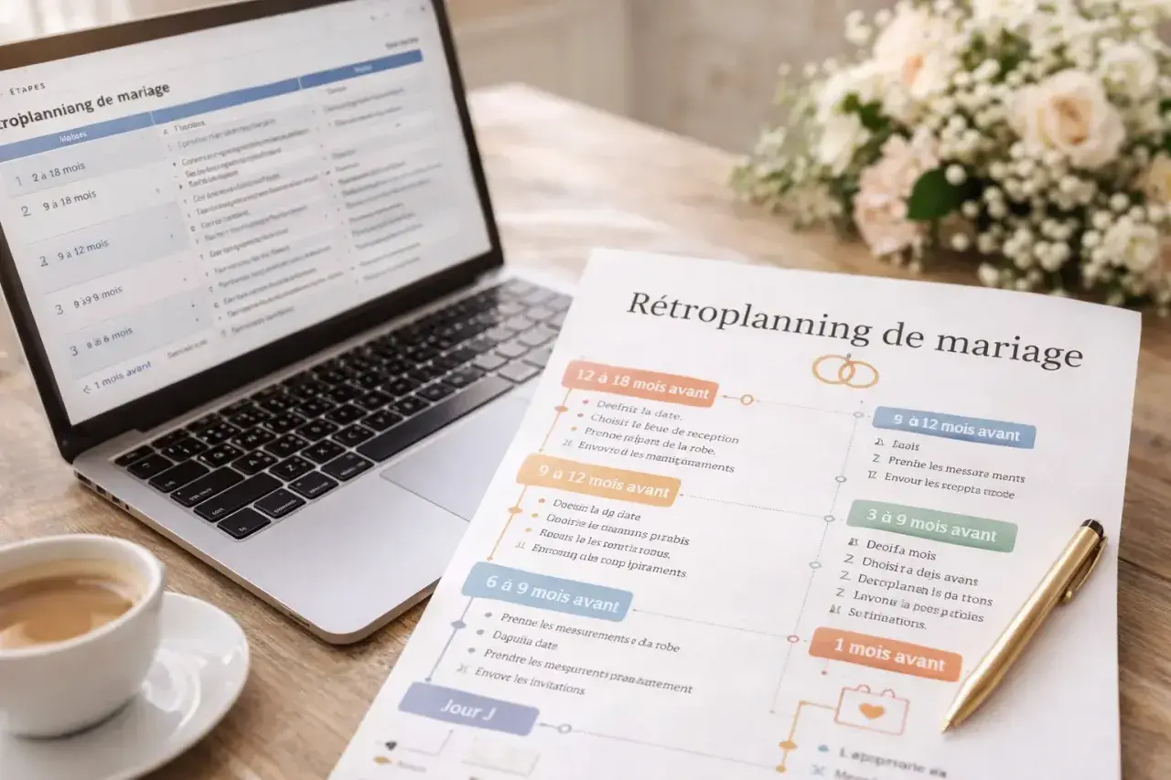 Un rétroplanning de mariage sur papier, à côté d'un ordinateur portable et d'une tasse de café.