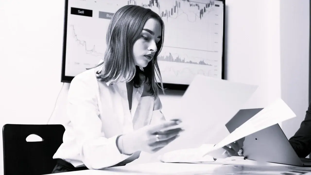 Kobieta analizuje dokumenty, podczas gdy na ekranie w tle widać wykresy finansowe. Bank sprawdza co po udzieleniu kredytu, by upewnić się co do stabilności finansowej.