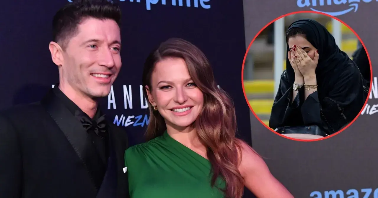 Anna i Robert Lewandowski na premierze. W tle kobieta w hidżabie zakrywająca twarz, być może przeżywająca emocje związane z transferem do ligi saudyjskiej.