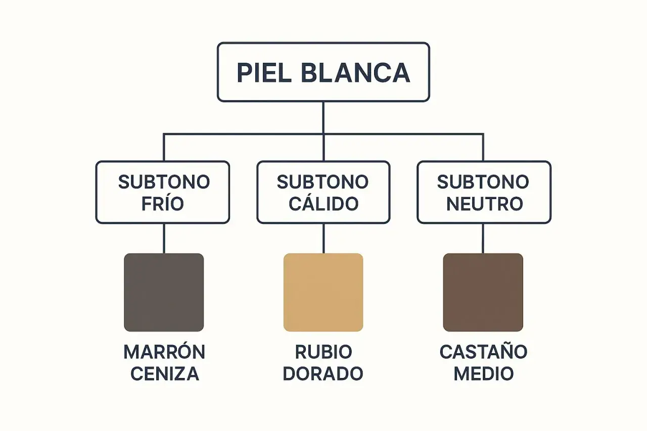 Guía para piel blanca: subtipo frío favorece marrón ceniza, cálido rubio dorado, neutro castaño medio. Descubre qué color de pelo me favorece si soy blanca.