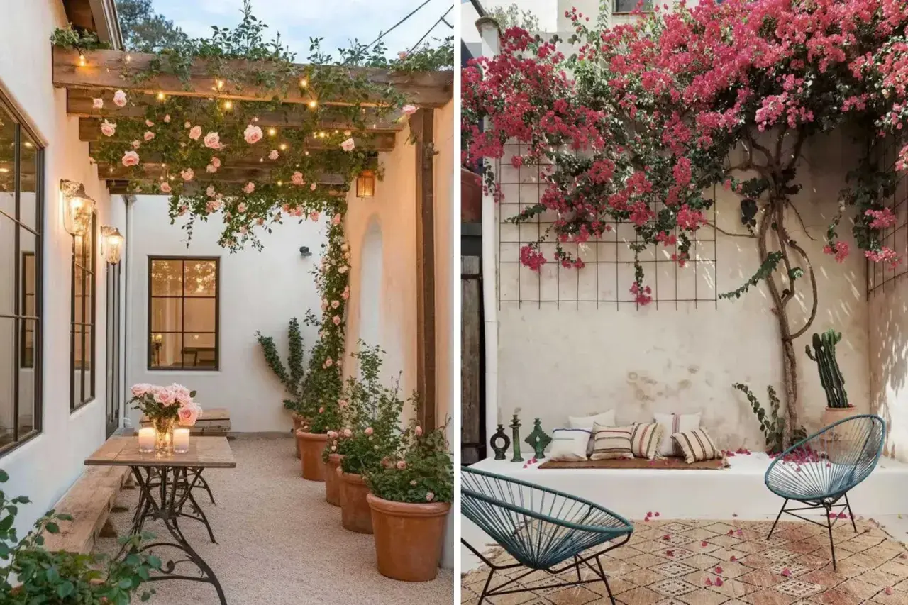 Dos patios interiores con encanto: uno con pérgola de rosas y luces, otro con buganvillas vibrantes y asientos acogedores.