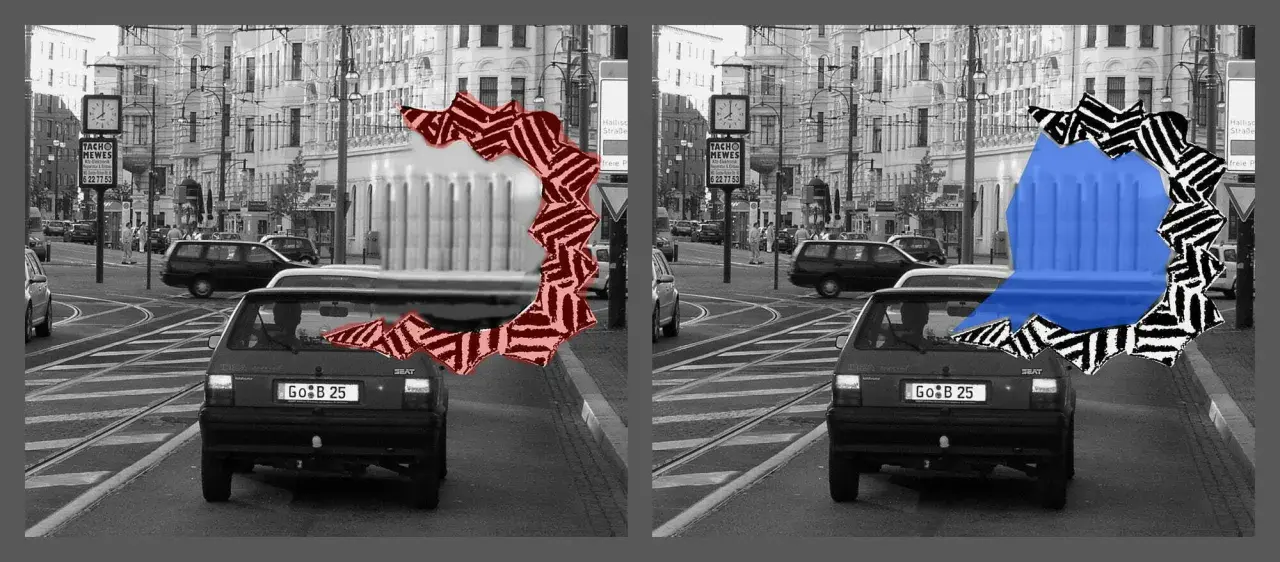 Zwei identische Straßenszenen mit Autos, die durch eine zackige, farbige visuelle Aura getrennt sind.