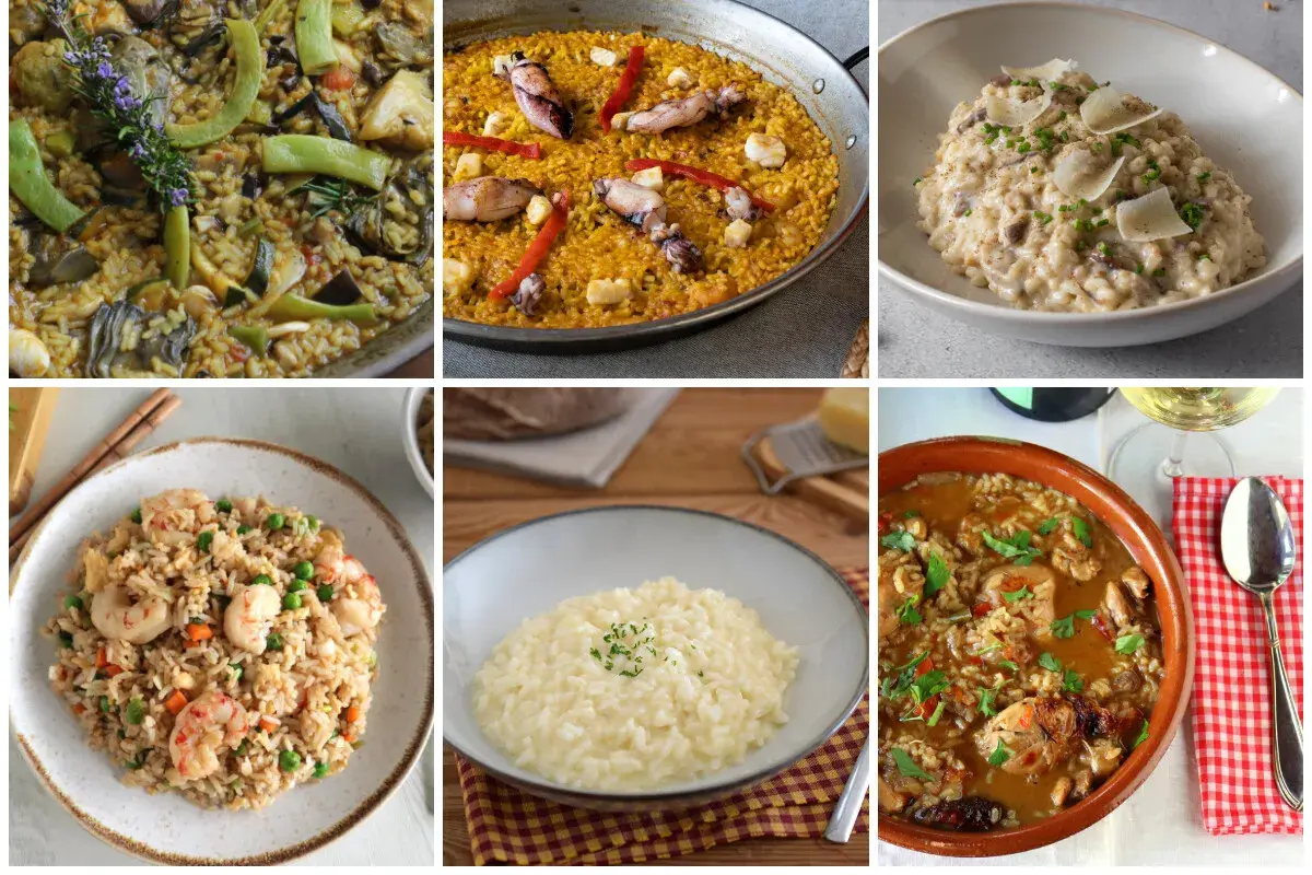 Variedad de recetas de arroz: paella, risotto cremoso, arroz frito con gambas y más.