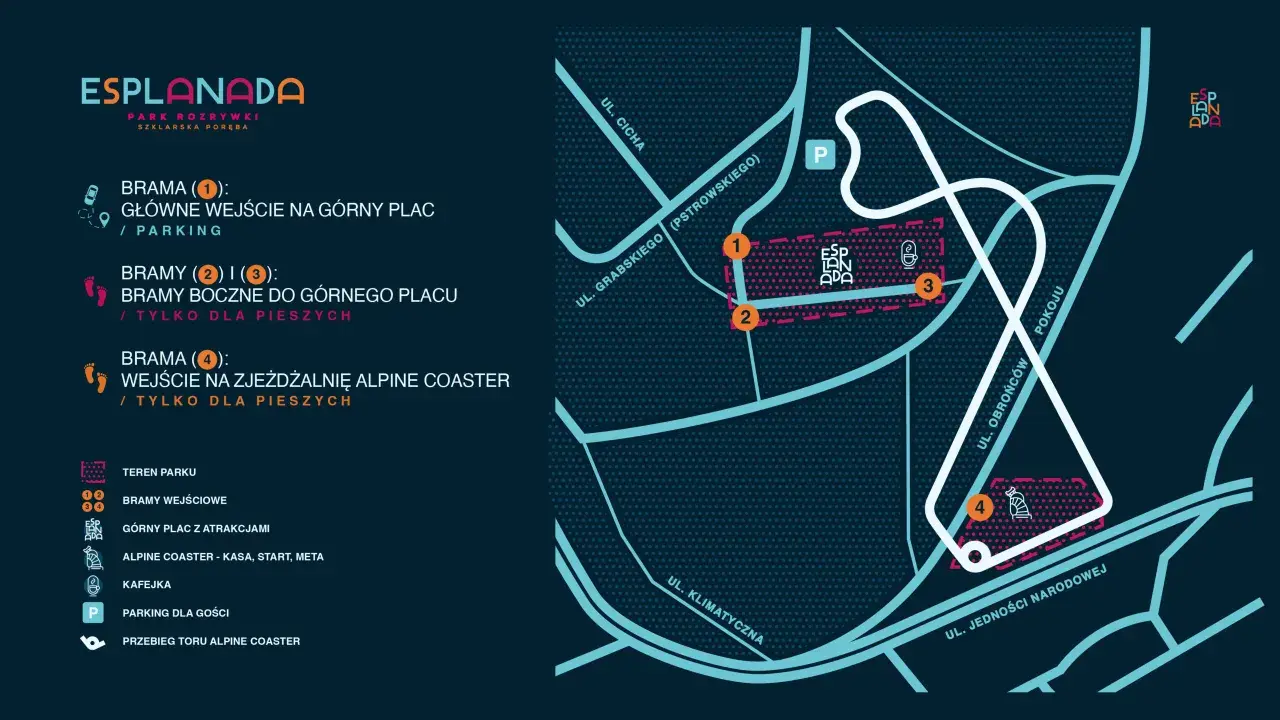 Mapa Esplanady w Szklarskiej Porębie. Wskazuje wejścia, parking, górny plac z atrakcjami i tor Alpine Coaster.
