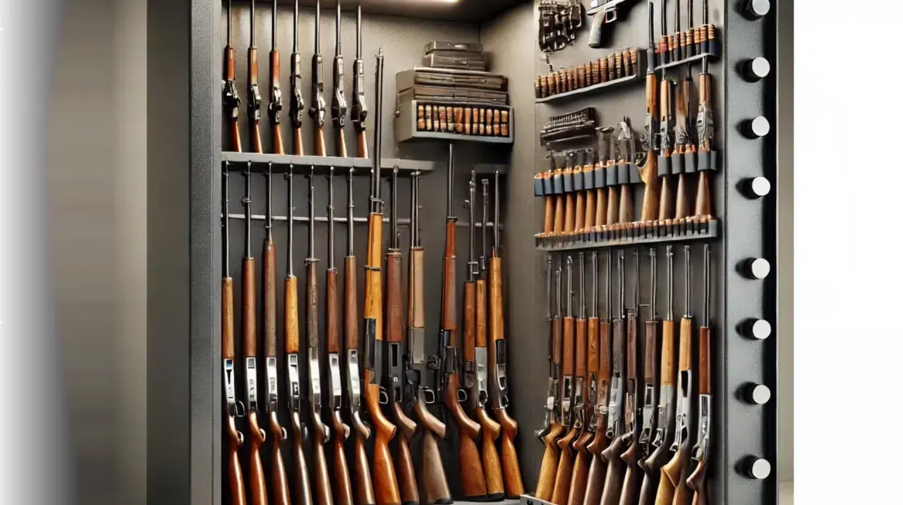 Un coffre-fort rempli de fusils, prêts pour la défense. Des armes à feu de différents calibres sont rangées méticuleusement, certaines avec des crosses en bois.