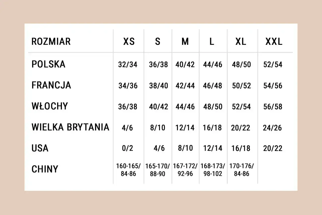 Tabela rozmiarów: polskie 32/34, francuskie 34/36, włoskie 36/38, brytyjskie 4/6, USA 0/2, chińskie 160-165/84-86. Jaki to rozmiar?