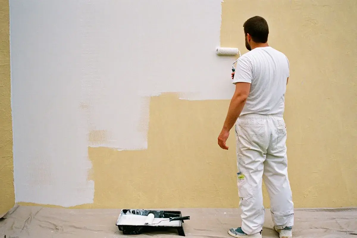 Un peintre en blanc est en train d'enduire sur peinture une partie d'un mur extérieur jaune avec un rouleau blanc.