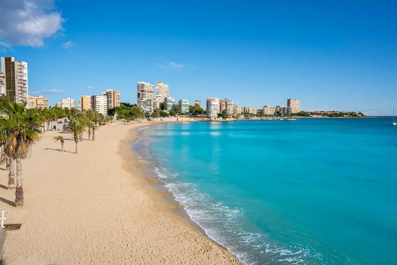 Playa de Oropesa del Mar con edificios y palmeras. Imagina tomar el tren Madrid Oropesa del Mar para llegar a este paraíso.