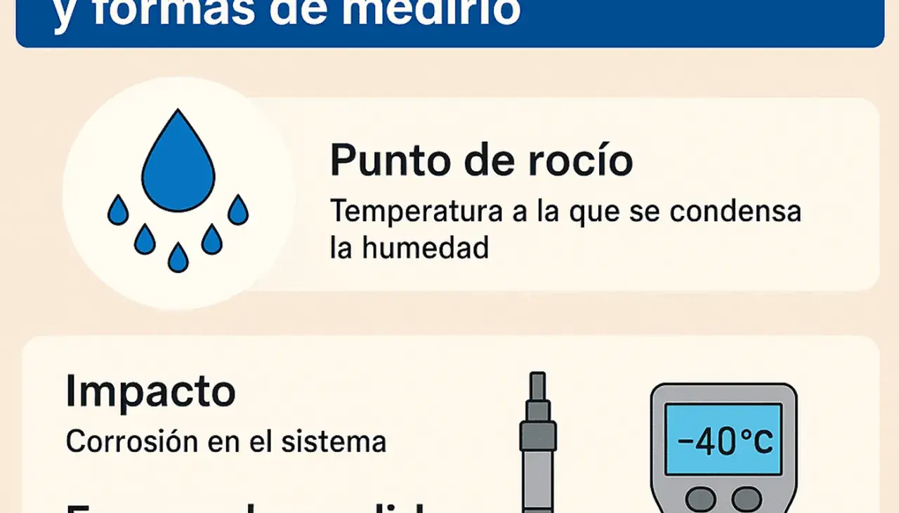 Icono de gotas de agua y texto sobre el punto de rocío, la temperatura a la que el aire condensado se vuelve visible.