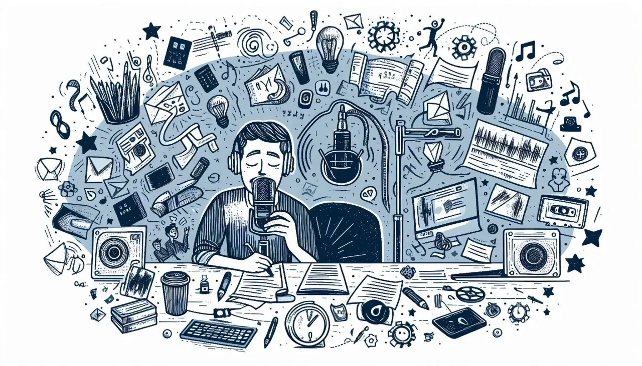 Przykładowy tekst dla lektora: Mężczyzna w słuchawkach nagrywa podcast, otoczony symbolami kreatywności i dźwięku.