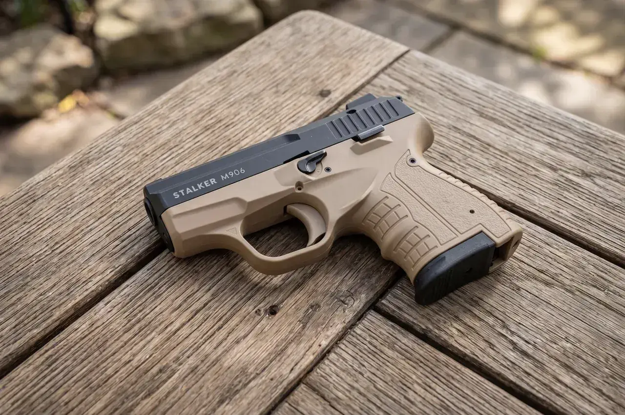 Beżowa broń pneumatyczna Stalker M906 leży na drewnianym stole.