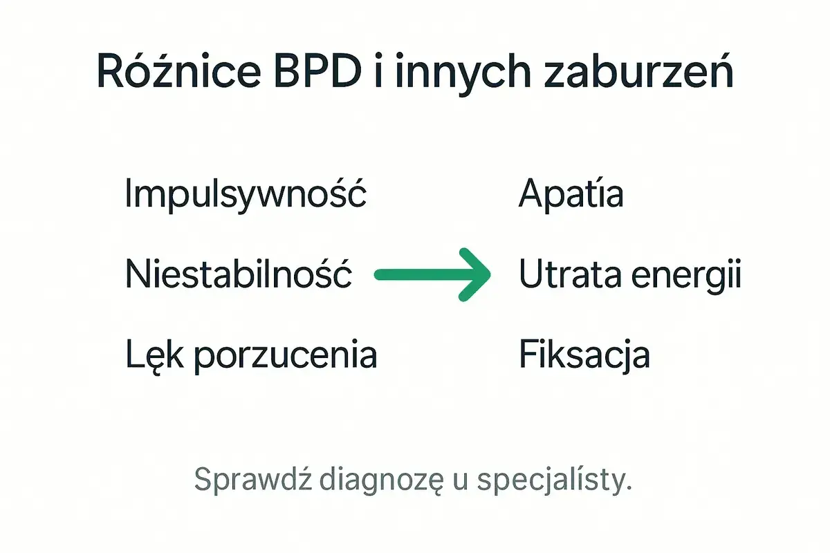 Różnice BPD: impulsywność, niestabilność, lęk porzucenia vs. apatia, utrata energii, fiksacja. 4 typy borderline.
