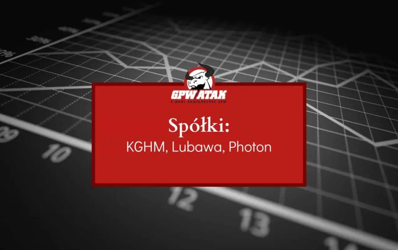 Analiza akcji Lubawa, KGHM i Photon. Wykresy giełdowe w tle.