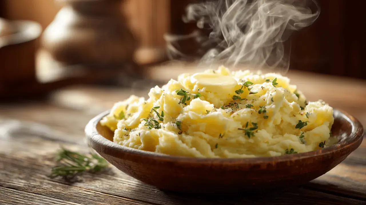 Un bol en bois débordant d'un délicieux écrasé de pomme de terre fumant, garni de beurre et d'herbes fraîches.