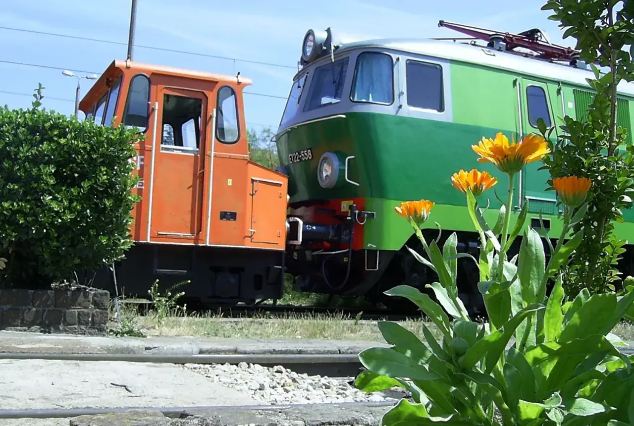 Pomarańczowa lokomotywa manewrowa i zielono-szara lokomotywa elektryczna ET22-558. Żargonowe nazwy taboru kolejowego.