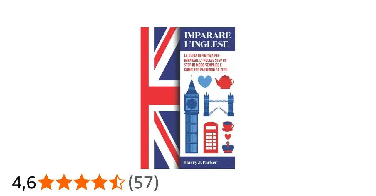 Copertina di un libro per imparare l'inglese, con icone di Londra e la Union Jack. Perfetto per chi vuole imparare l'inglese, magari guardando un film in inglese.