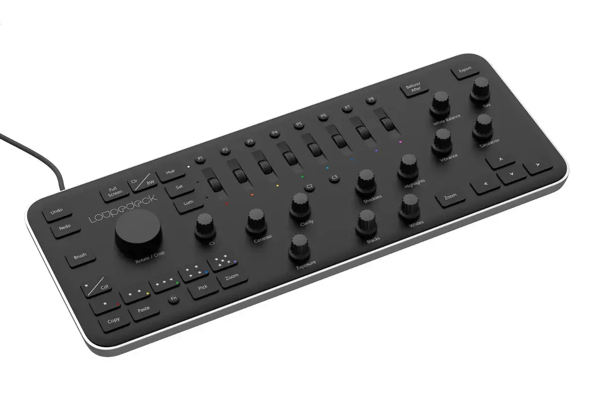 Panel Loopdeck z pokrętłami i suwakami do edycji zdjęć, usprawniający pracę z Lightroom. Skróty klawiszowe ułatwiają kontrolę nad ekspozycją, balansem bieli i innymi parametrami.