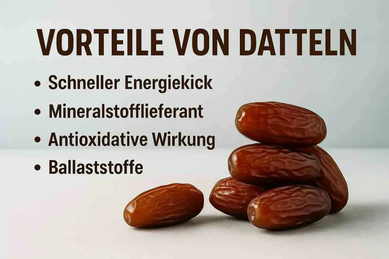 Vorteile von Datteln: schneller Energiekick, Mineralstofflieferant, antioxidative Wirkung, Ballaststoffe. Datteln sind gesund und lecker!