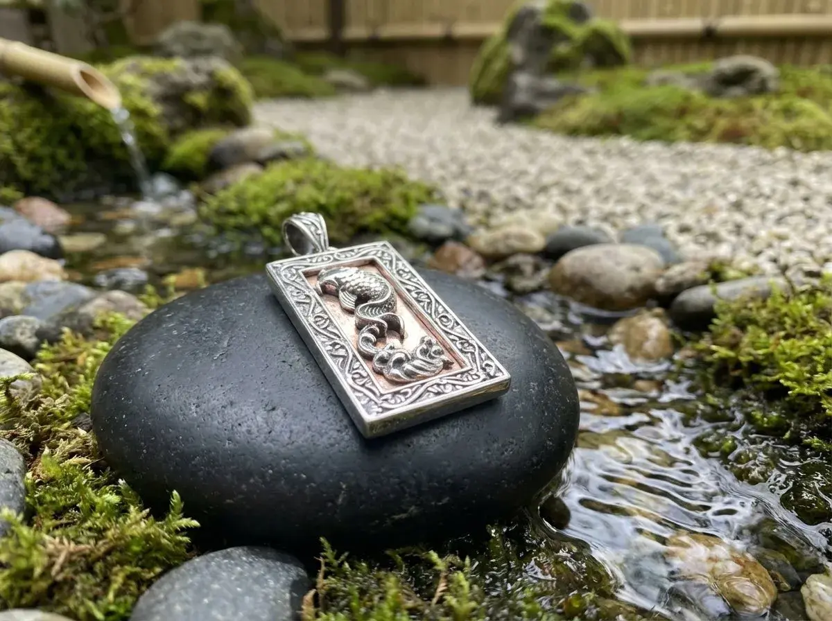 Ciondolo con drago, emblema della fortuna, adagiato su una pietra in un giardino zen con acqua corrente.
