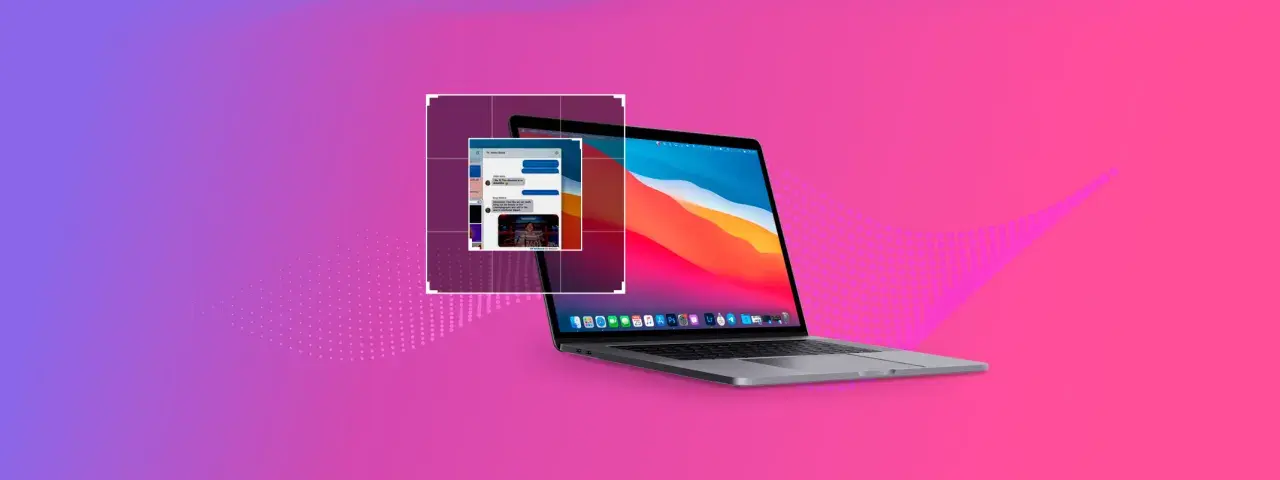 Laptop z otwartym oknem czatu na tle gradientu fioletowo-różowego.