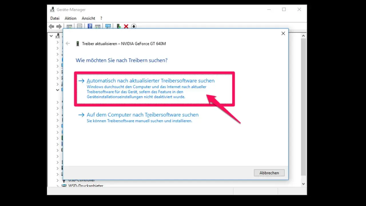 Geräte-Manager: Option "Automatisch nach aktualisierter Treibersoftware suchen" für NVIDIA-Grafikkarte hervorgehoben. Ein quick driver updater wird gesucht.