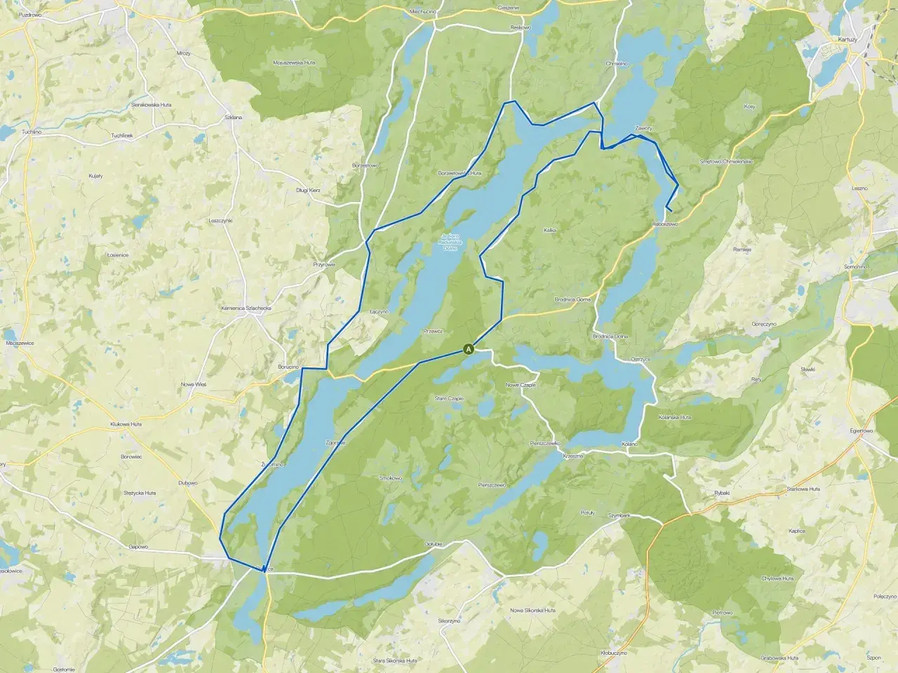 Mapa z zaznaczoną trasą rowerową wokół jeziora.