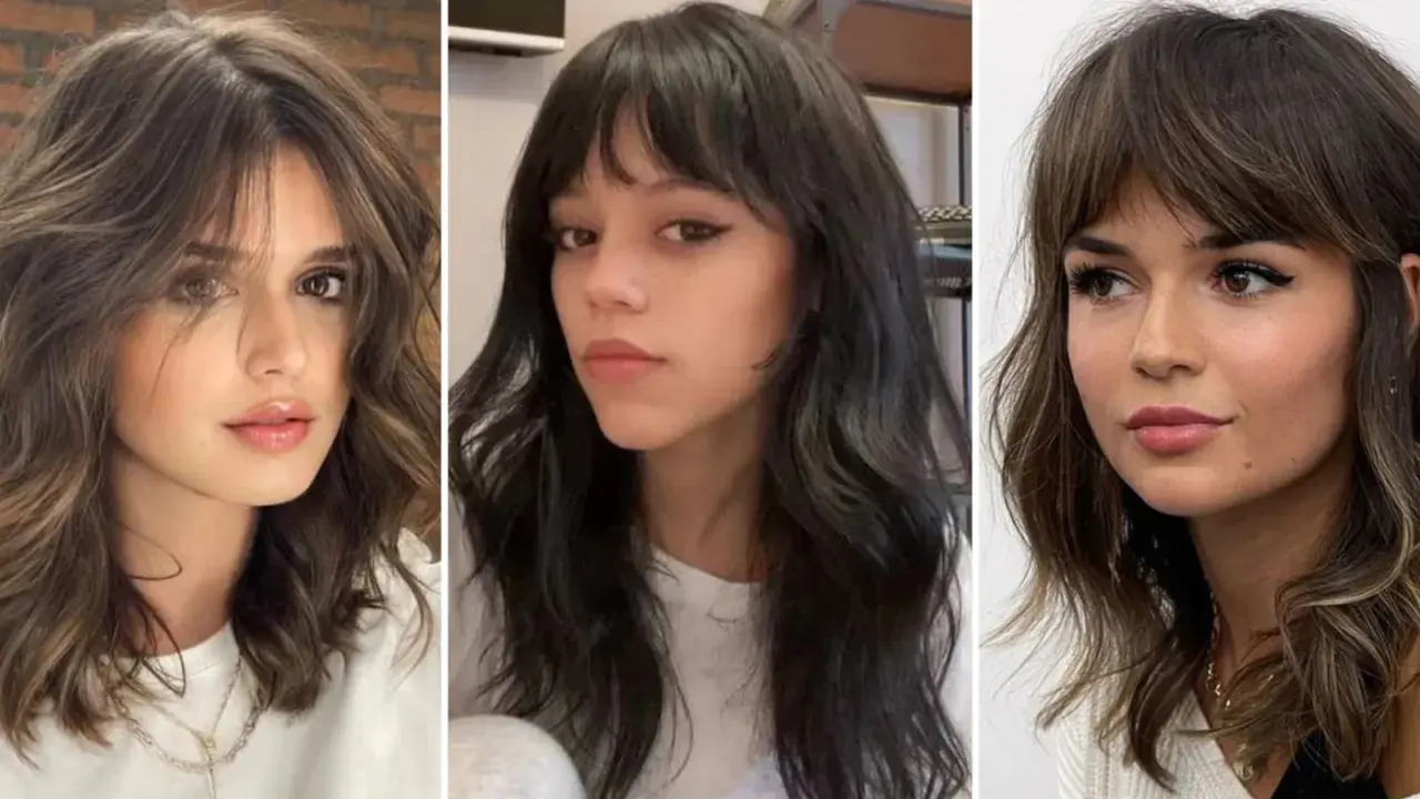 Tres mujeres con cortes de pelo modernos, incluyendo un estilo mullet mujer con capas y flequillo.