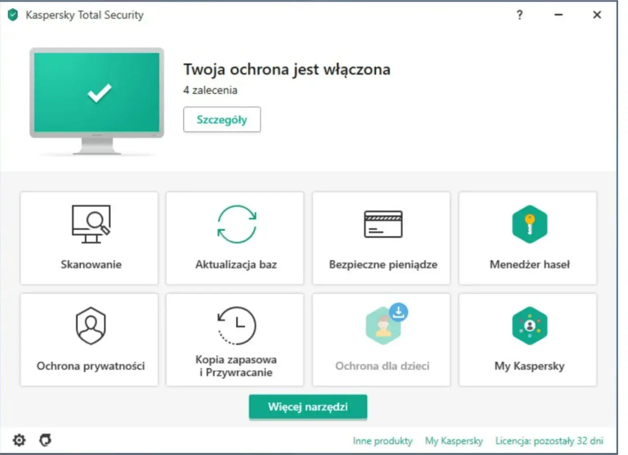 Interfejs Kaspersky Total Security. Twoja ochrona jest włączona. Dostępne opcje: Skanowanie, Aktualizacja baz, Bezpieczne pieniądze, Menedżer haseł, Ochrona prywatności, Kopia zapasowa, Ochrona dla dzieci. To dobry antywirus.