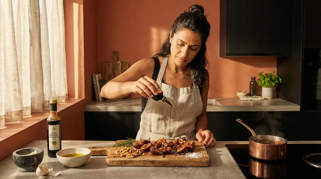 Una mujer añade vinagre balsámico a higos asados en una tabla de cortar. La escena muestra ingredientes para una deliciosa receta.