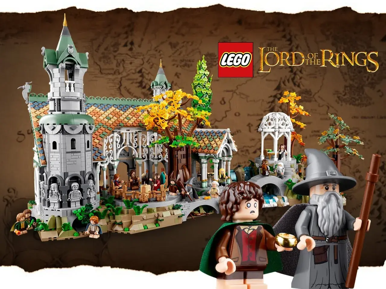 Lego Bruchtal mit Gandalf und Frodo. Das Set zeigt das Elbenreich mit detailreicher Architektur und vielen Figuren.