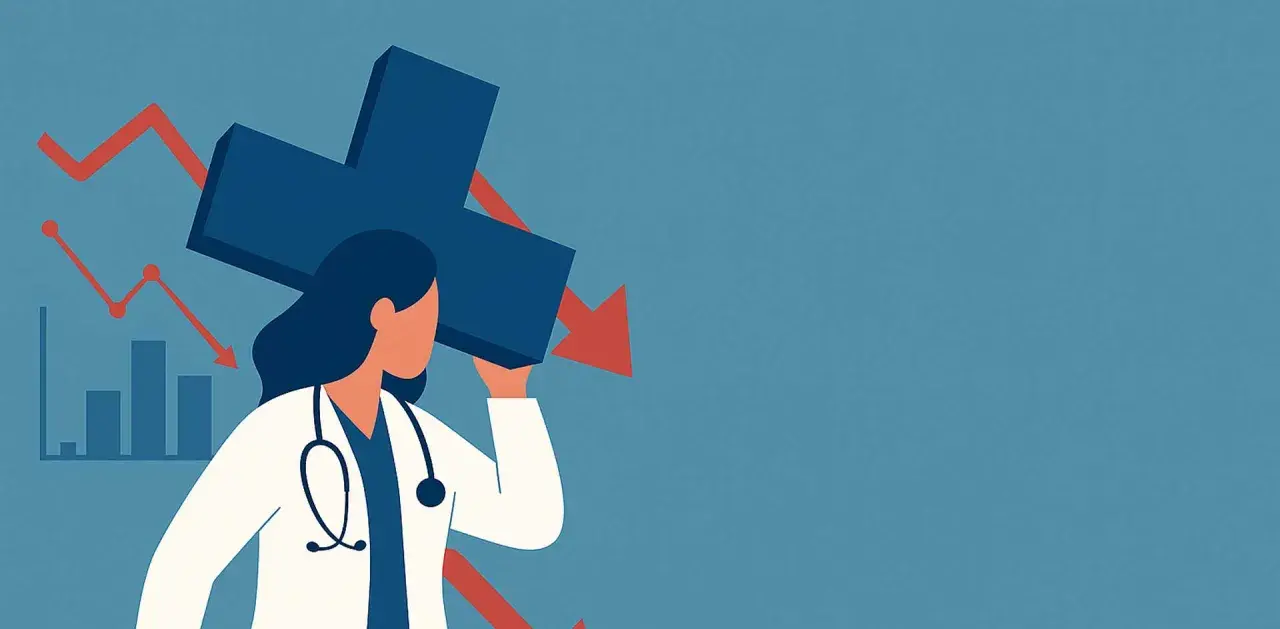 Medico con croce blu, frecce rosse in calo e grafico. Simboleggia un sistema mutualistico prima del '78 in difficoltà.