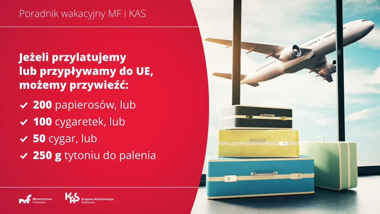 Poradnik MF i KAS: ile papierosów można przewieźć samolotem do UE? 200 sztuk, 100 cygaretek, 50 cygar lub 250g tytoniu.